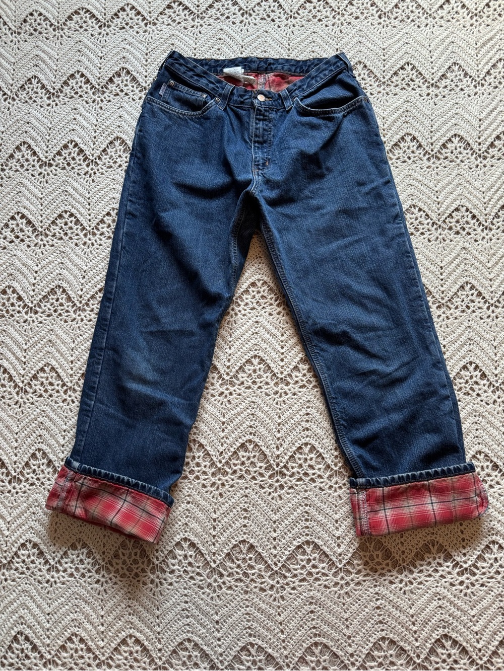Vintage Carhartt Flannel Lined Jeans Womens 10x30 Plaid Cuff Straight Leg Y2K
